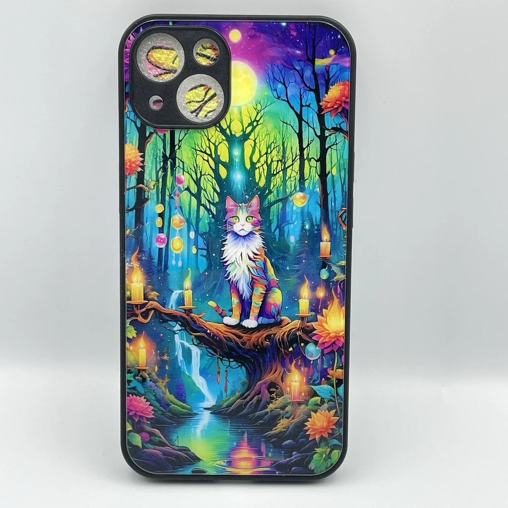 New iPhone 13 Colorful Fantasy Cat Forest Candle‎ Moon Phone Case